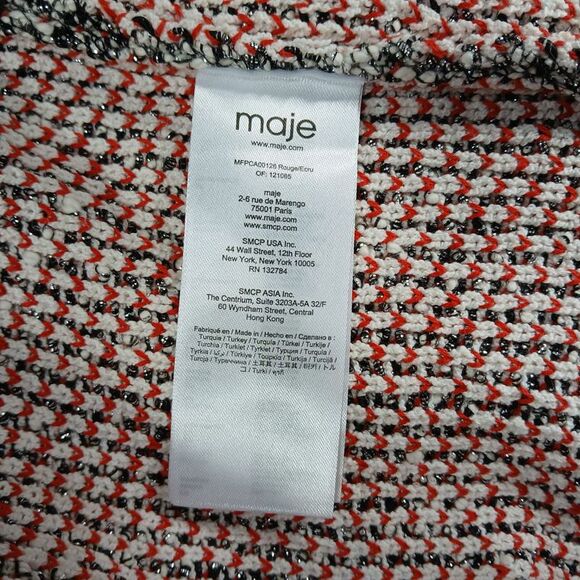 Maje Knitted Button-Front Cardigan in Red and White Cotton Blend - Picture 3 of 6
